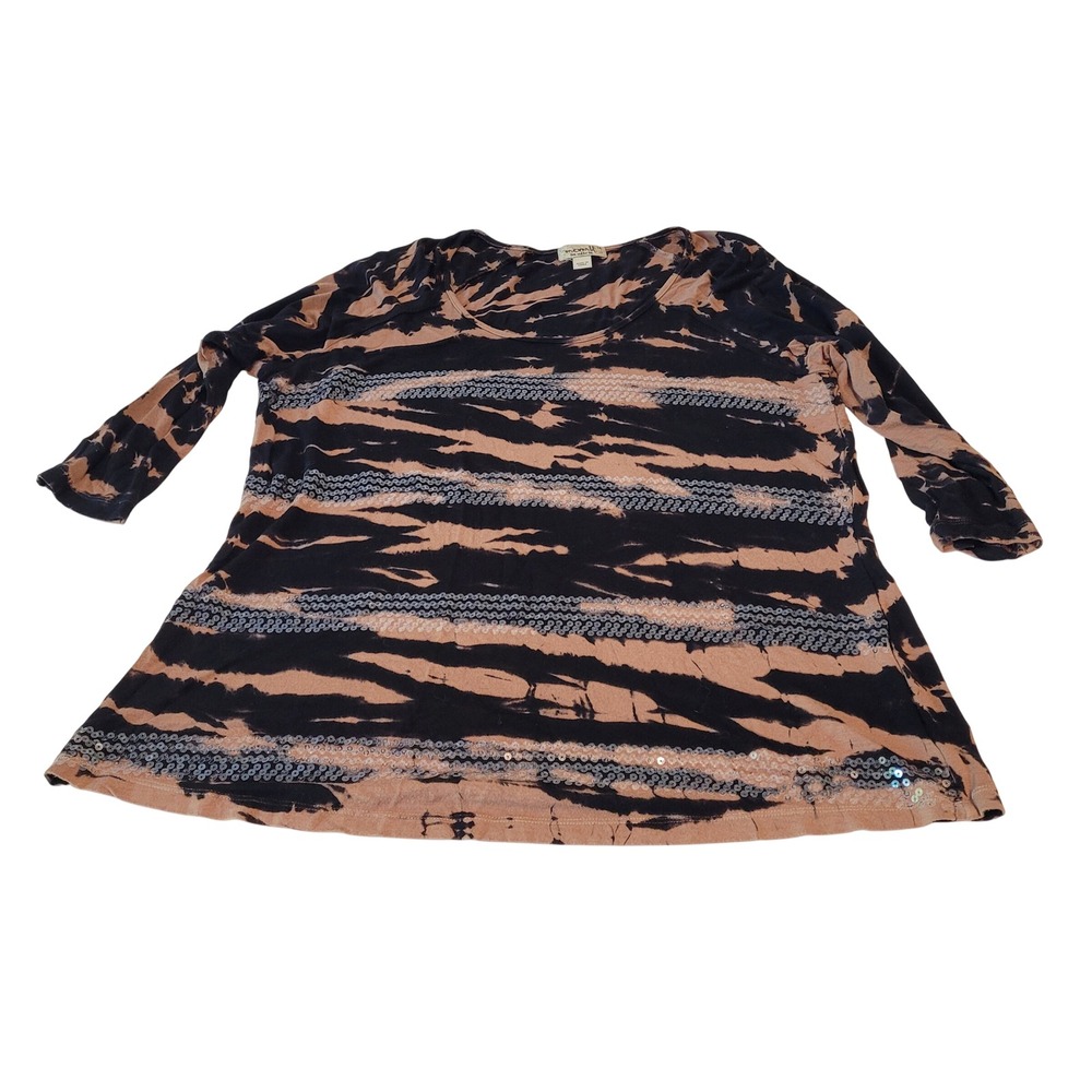 One World Tie Dye Sequin Top Womens 1X Black Tan 3/4 Sleeve Scoop Neck Tunic